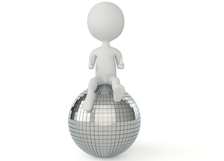 3d humanoid character sitting on a disco ball on whiteの写真素材