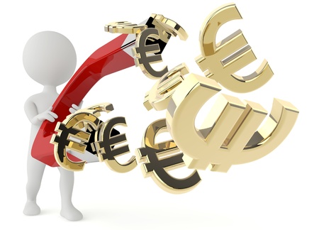 3d humanoid character hold a horseshoe magnet and a euro symbolの写真素材