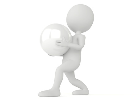 3d humanoid character holding a sphere on whiteの写真素材