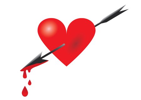 Bleeding red heart pierced with black arrowのイラスト素材