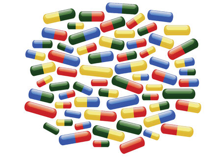 Scattering of coloured medical pills on the white backgroundのイラスト素材