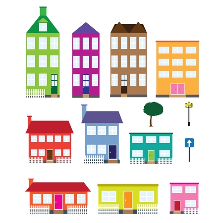 Set of coloured houses, tree, lamp and road sign on the white background.のイラスト素材