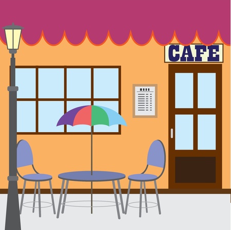 Table and chairs standing near cafe shop.のイラスト素材