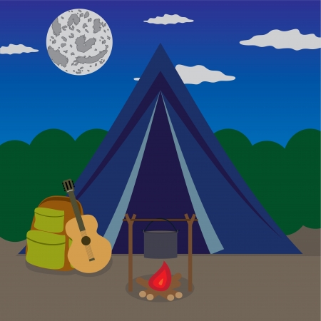 Fireplace near tent in forest at the night.のイラスト素材