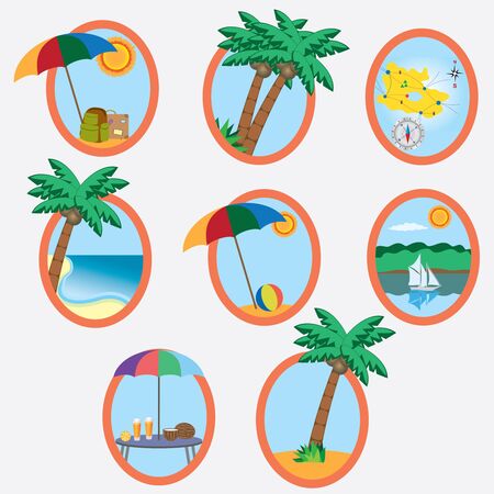 Set of eight icons with vacation theme on the white background.のイラスト素材