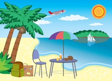 Chair and table under palm with coconut near seashore.のイラスト素材