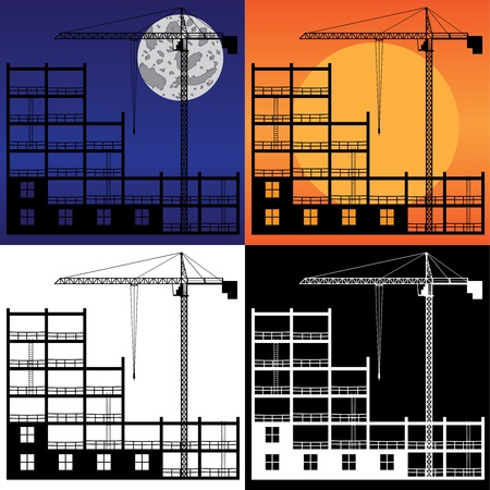 Set of images of lifting crane and building under construction.のイラスト素材