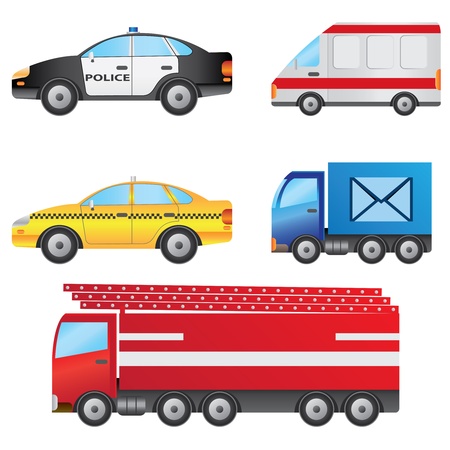 Set of different types of cars including police car, ambulance, taxi, post van and fire truck.のイラスト素材