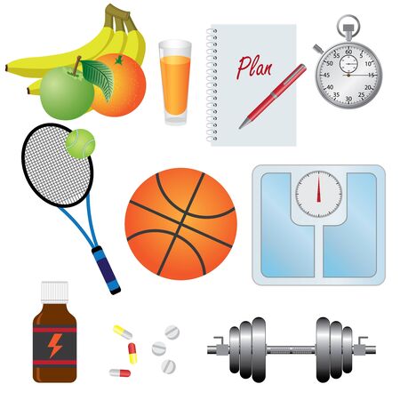 Objects for fitness, natural food, tools, vitamins on the white background.のイラスト素材