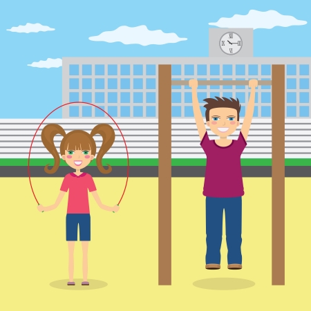 Young boy and girl do sport at the school yard.のイラスト素材