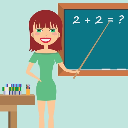 Woman teacher standing near blackboard with a pointer in her hand.のイラスト素材
