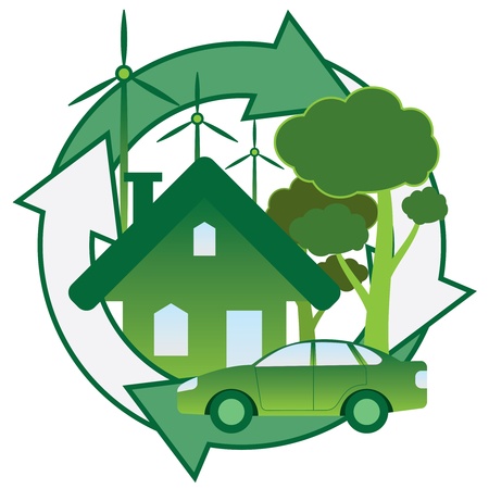 Illustration of green house, car, trees and windmill.のイラスト素材
