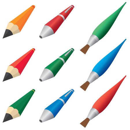 Set of pens, pencils and paintbrushes on the white background.のイラスト素材
