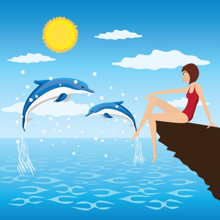 Young woman sit near a sea and look at the jumping dolphins.のイラスト素材