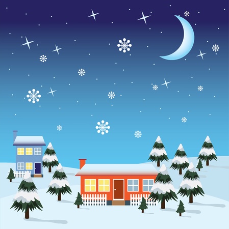 Night winter scene with houses ant trees.のイラスト素材