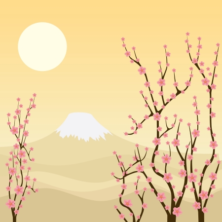Illustration of sakura branches with mountain on the background.のイラスト素材