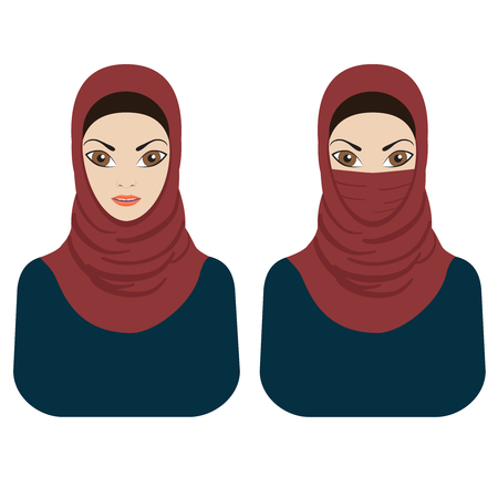 Images of young muslim women wearing paranja and hijab on the white background.のイラスト素材