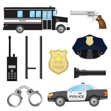 Set of police objects. Car and bus, handcuffs and baton, radio and gun.のイラスト素材