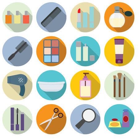 Set of cosmetics icons. Comb and dryer, shampoo and cream, lipstick and perfume.のイラスト素材