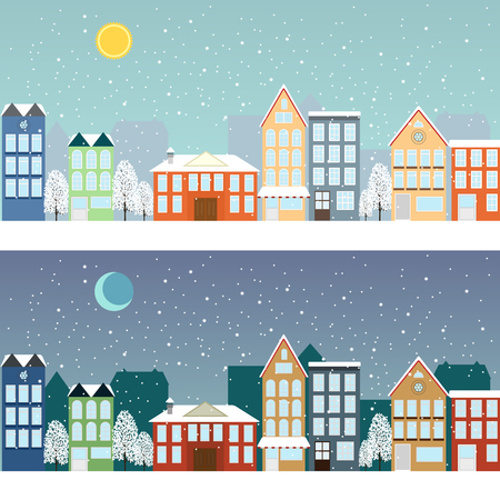 View of city in the winter at day and at night.のイラスト素材