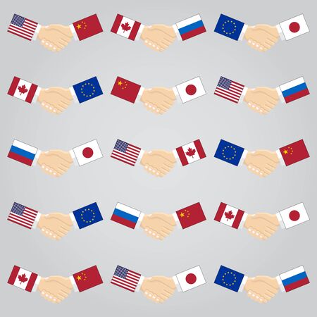 Set of icons of handshake between countries. Partnership concept. Russia and USA, China and European Union, Japan and Canada.のイラスト素材