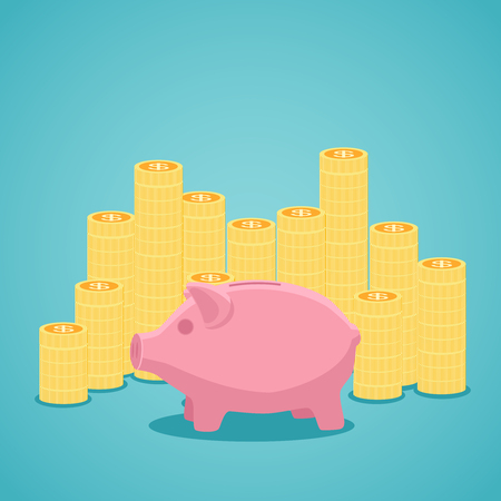 Pink piggy bank and stacks of gold coins on green background, vector illustration in flat design.のイラスト素材