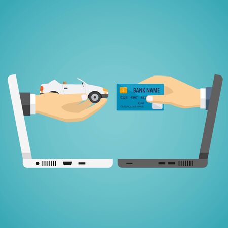 Human hands from laptop exchanging credit card and car on the blue background.のイラスト素材
