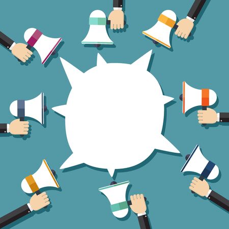 Many hands holding megaphone with bubble speech template. Promotion and advertising in flat style.のイラスト素材