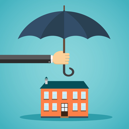 Hand holding umbrella over a house in flat styleのイラスト素材