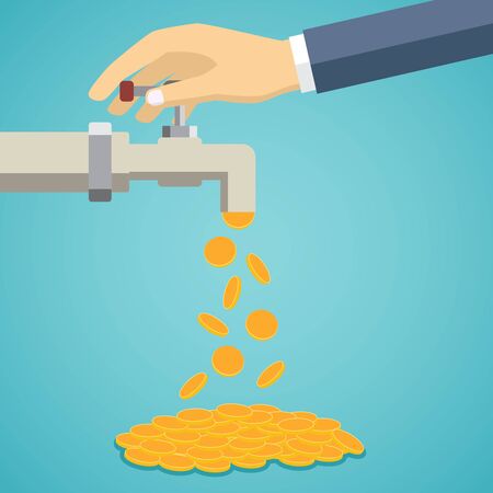 Business hand open tap with gold coins on the green background.のイラスト素材