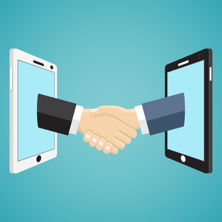 Handshaking businessmen hands from mobile phones on the green background.のイラスト素材