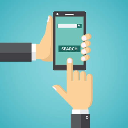 Human hands holding mobile phone with internet search field and search button on the screen.のイラスト素材
