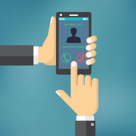 Incoming call on smartphone screen. Hand holds smartphone, finger touch screen. Modern concept for web banners, web sites, infographics.のイラスト素材