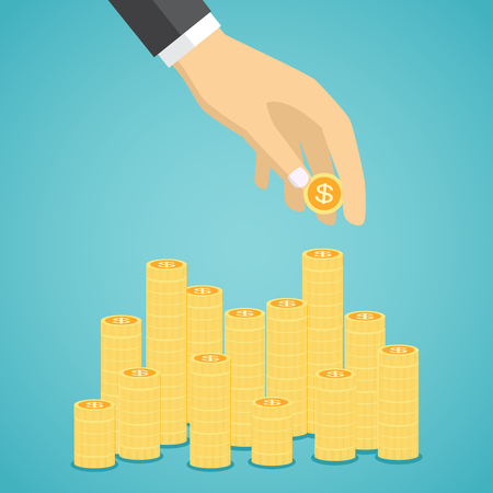 Hand put coin to stacks of golden coins. Profit. Making money. For business and finance concept.のイラスト素材