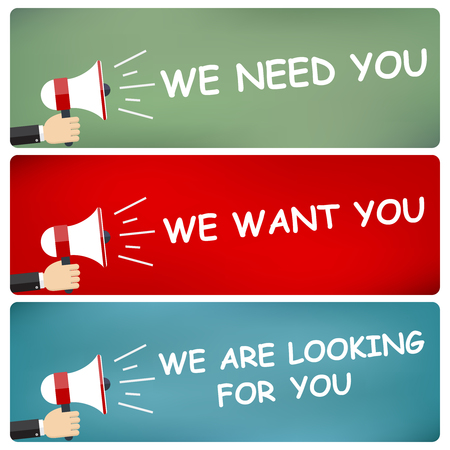 Set of hands holding megaphone. Hiring templates.のイラスト素材