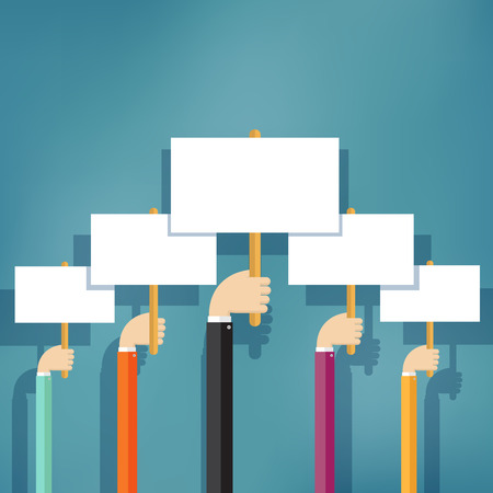 Hands holding blank protest boards in flat style.のイラスト素材