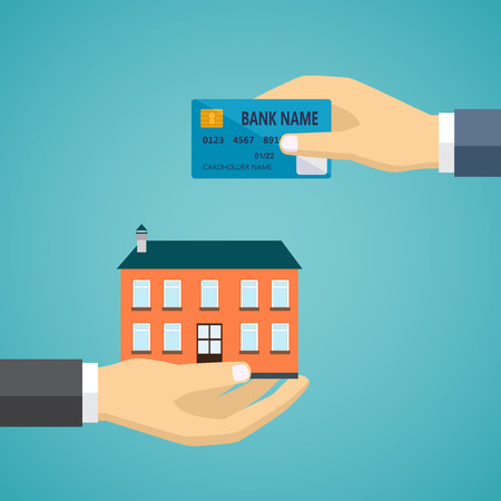 Ecommerce vector flat illustration. Hand with credit card and hand with house.のイラスト素材