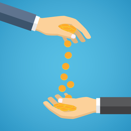 Hand throwing golden coins and the other hand catching them. Vector illustration in flat design.のイラスト素材