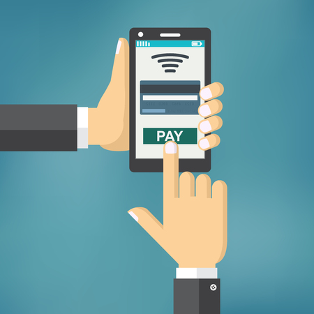 Hand holding phone with app for mobile paying, flat design illustration.のイラスト素材