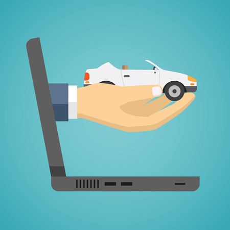 Hand holding car from screen of notebook. Flat design.のイラスト素材