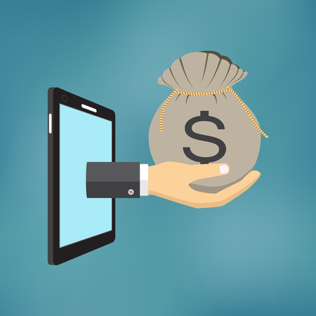 Hand with money bag comes from the screen of smartphone.のイラスト素材