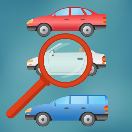 A magnifying glass finds, selects or inspects a car in a row of autos.のイラスト素材