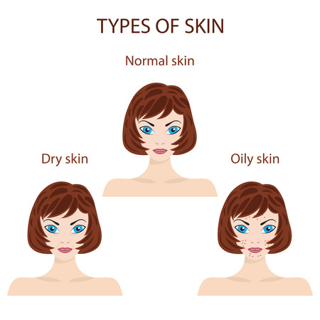 Woman faces representing types of skin. Oily, normal and dry. Trouble and perfect skin.のイラスト素材