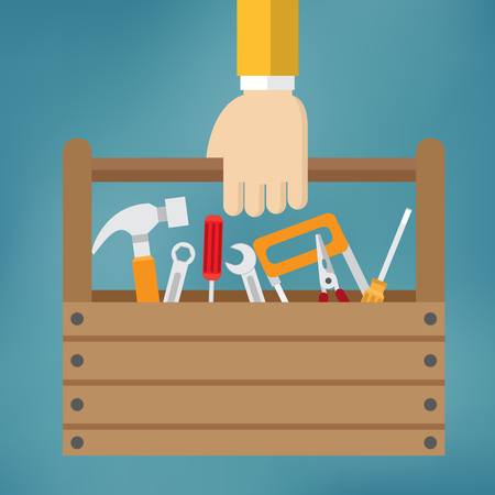 Hand with toolbox on the blue background.のイラスト素材