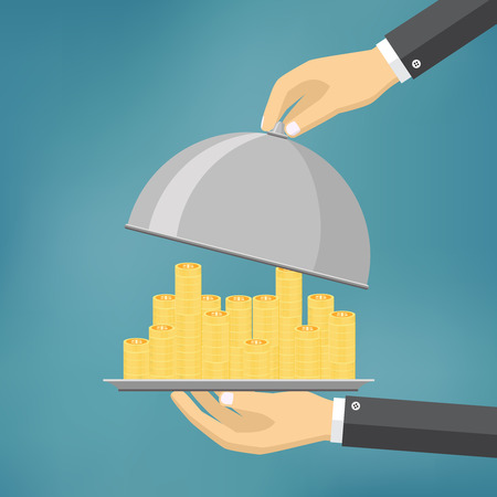 hand holding money on a dish. Concept of human charity, salary or dividends. flat style vector illustration.のイラスト素材