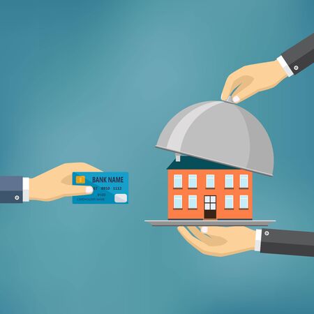 Ecommerce vector flat illustration. Hand hold credit card and hand hold cloche with house on it.のイラスト素材