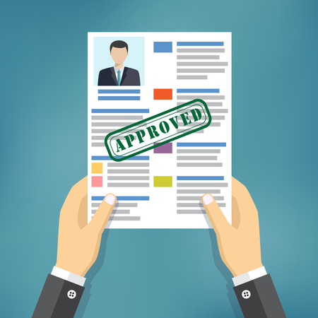 Hand holding resume with Approved stamp mark.のイラスト素材