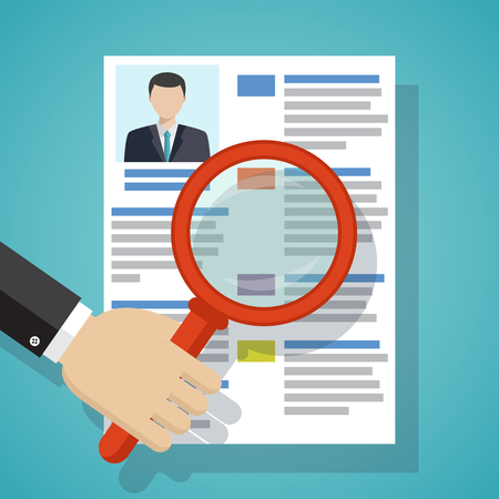 View Resume with magnifying glass. Hiring staff process. Vector simple illustration of recruitment.のイラスト素材