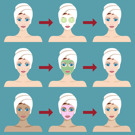 Young Woman Spa Treatment. Results of using different types of facial masks.のイラスト素材