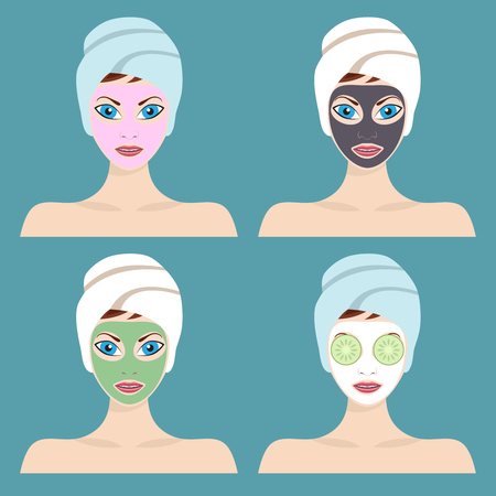 Set of 4 women with cosmetic face masks. Graphic design element for spa or beauty salon poster.のイラスト素材